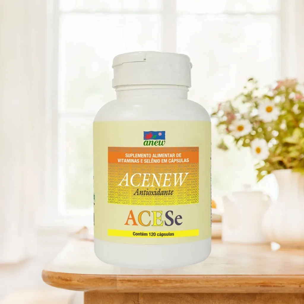 Suplemento Acenew Anew com Vitaminas A, C, E e Selênio para combate aos radicais livres e fortalecimento imunológico.