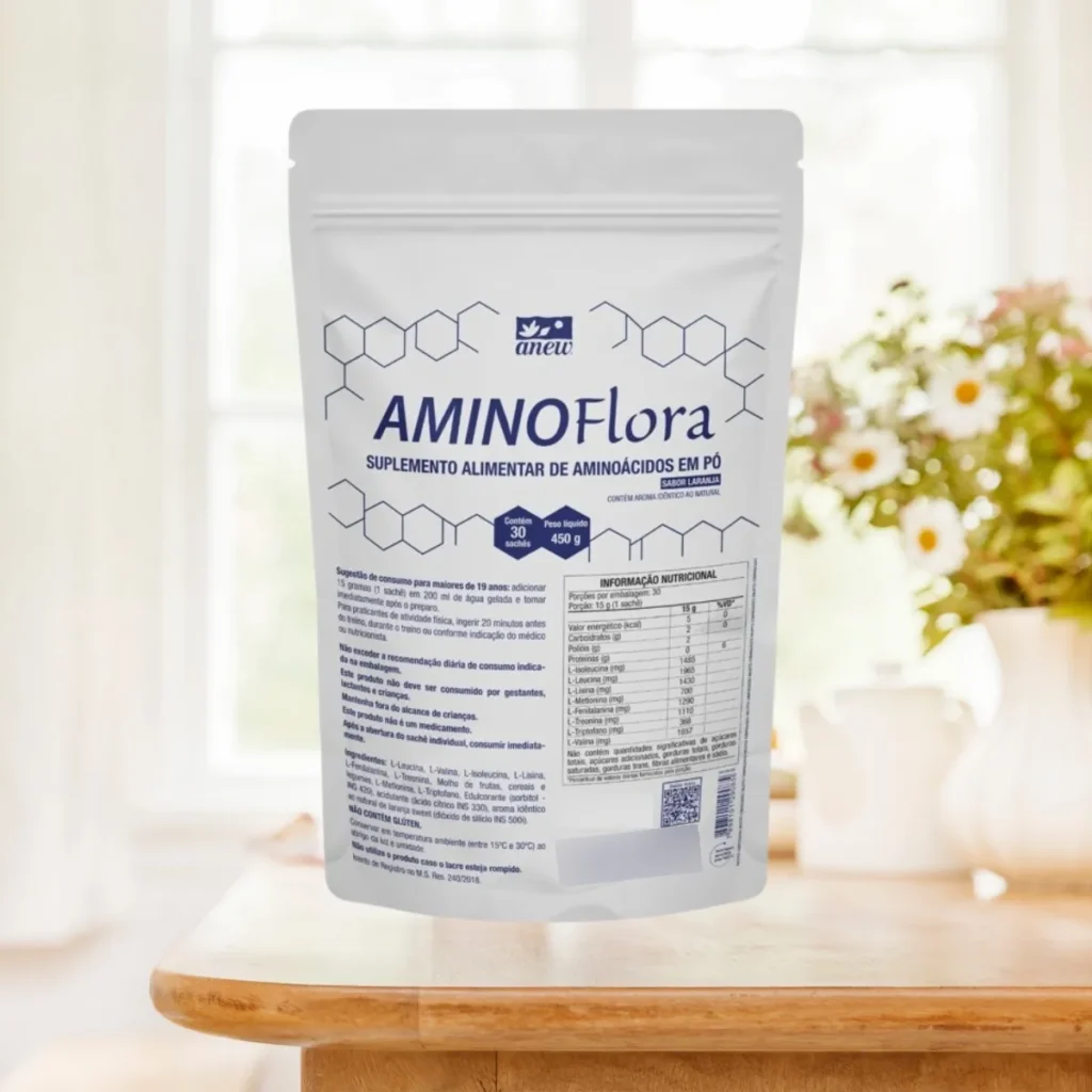 uplemento AminoFloranew Anew com aminoácidos essenciais e base fermentada Floranew para recuperação muscular.