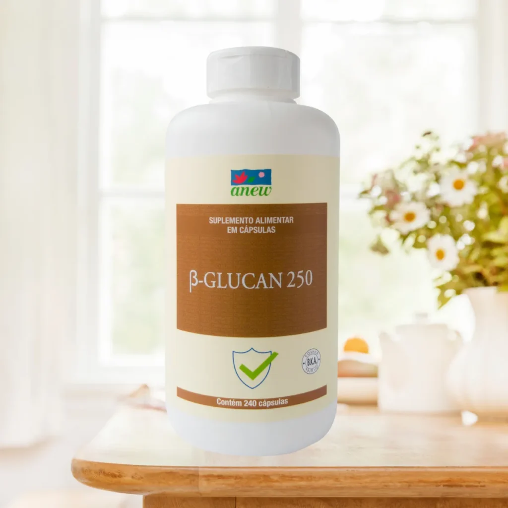 Suplemento B-Glucan 250 Anew com Beta-glucana de levedura e Vitamina C natural para fortalecimento do sistema imunológico.