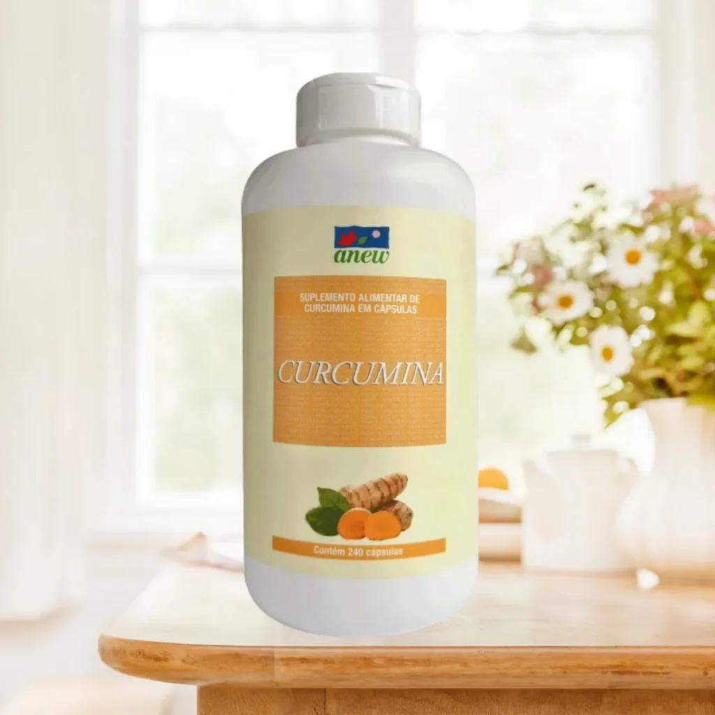 Suplemento Curcumina Anew com extrato padronizado de cúrcuma longa para saúde articular e ação anti-inflamatória.