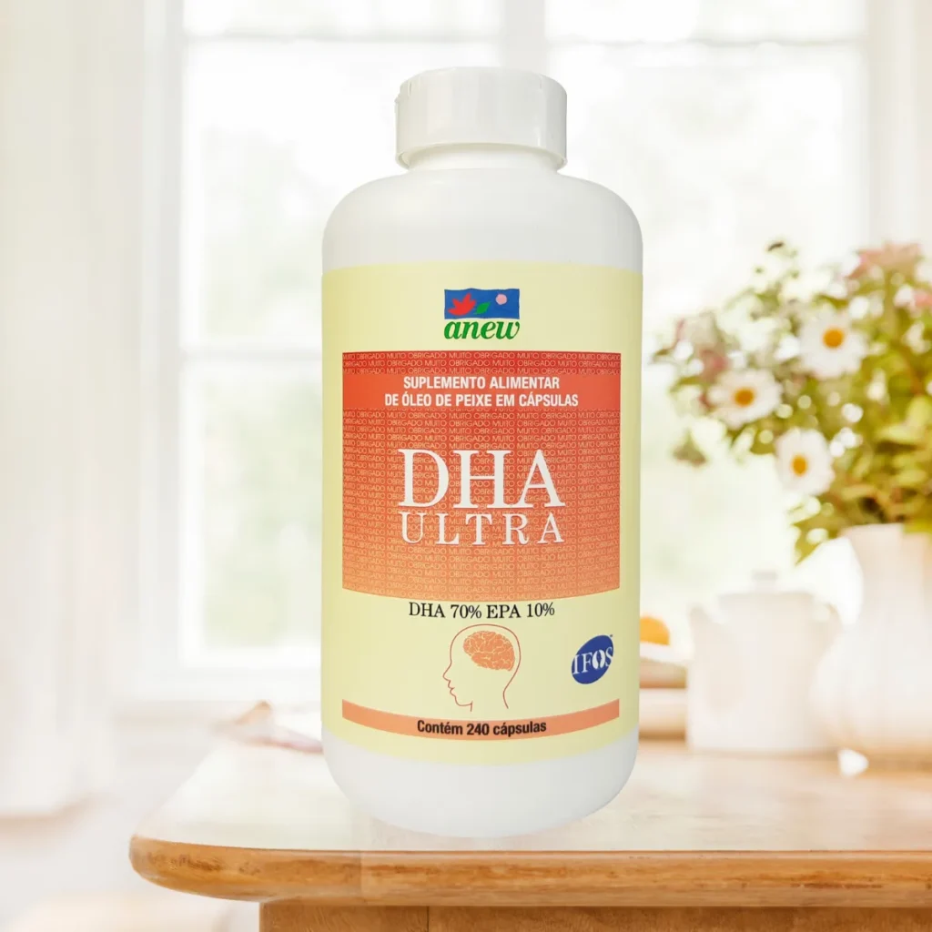 DHA Ultra Anew: ômega-3 com foco em DHA para suporte nutricional do cérebro e da visão.
