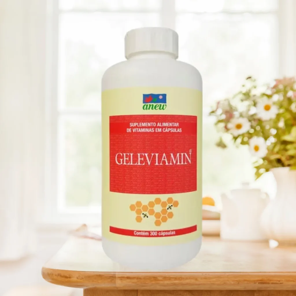 Suplemento Geleviamin Anew com geleia real liofilizada e vitaminas do complexo B para energia e vitalidade.