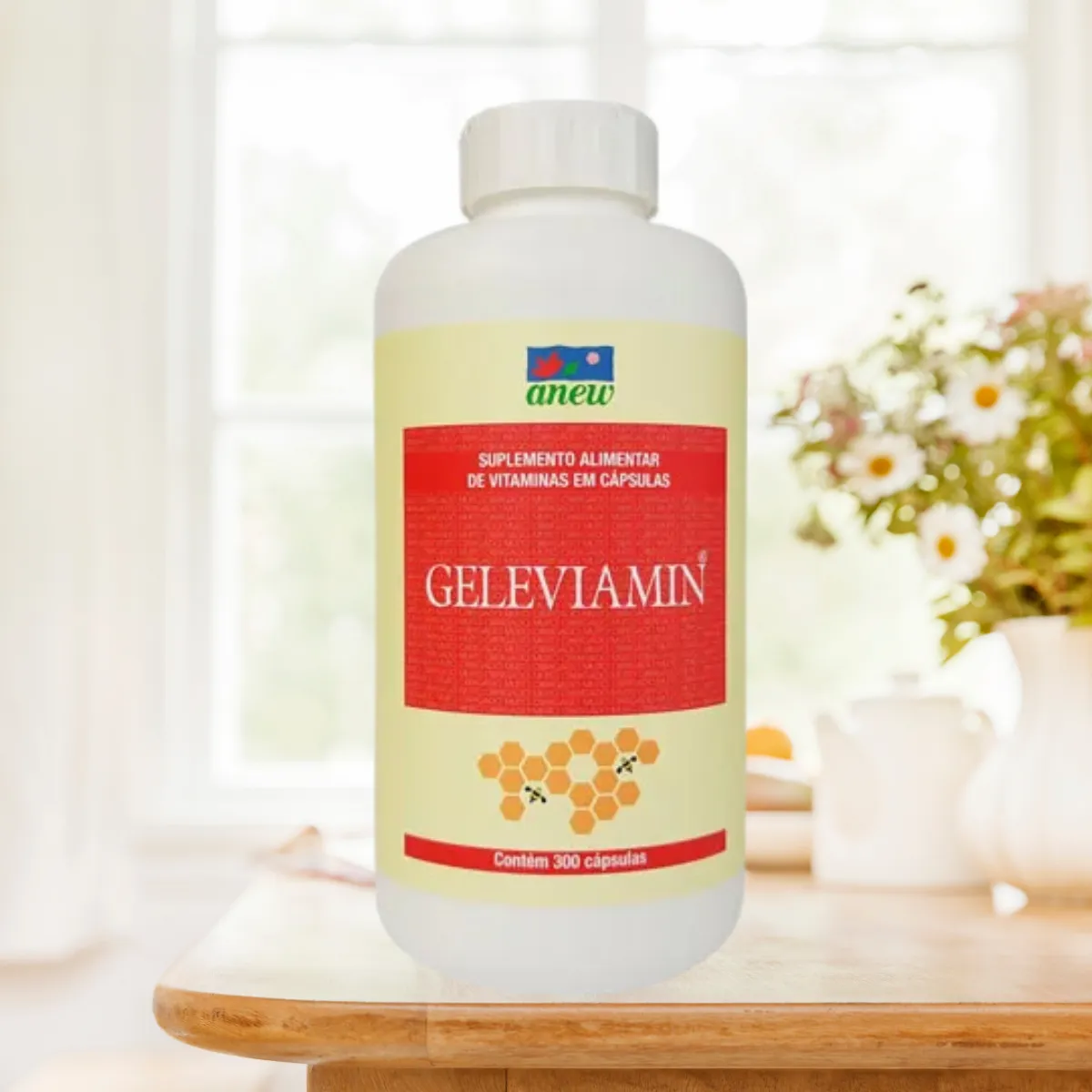 Suplemento Geleviamin Anew com geleia real liofilizada e vitaminas do complexo B para energia e vitalidade.