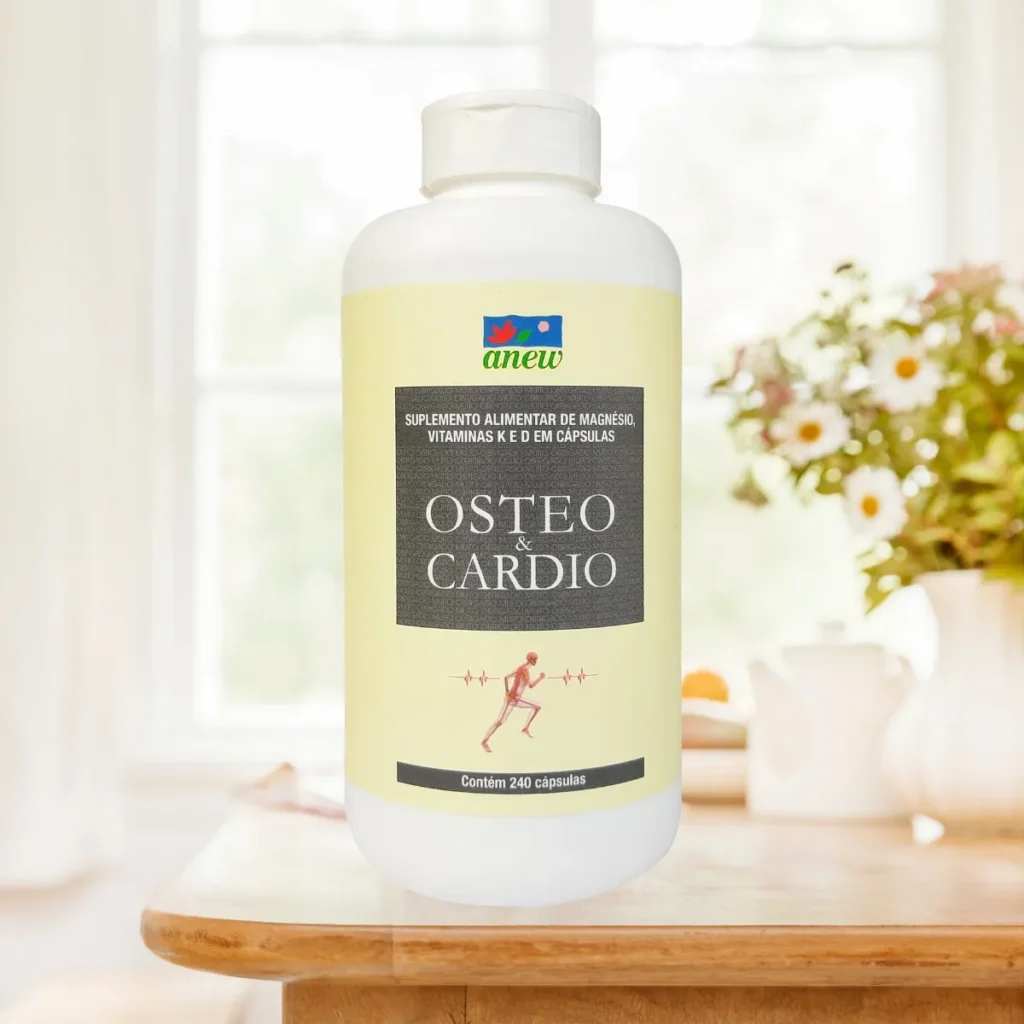 Suplemento Osteo & Cardio Anew com Magnésio Quelato, Vitamina K2 MK-7 e D3 para saúde dos ossos e coração.