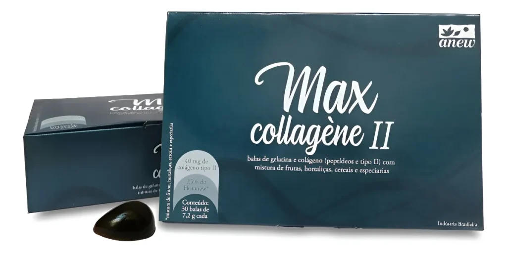 Suplemento Max Collagène II Anew em gomas com colágeno tipo II não desnaturado e Floranew para saúde articular.