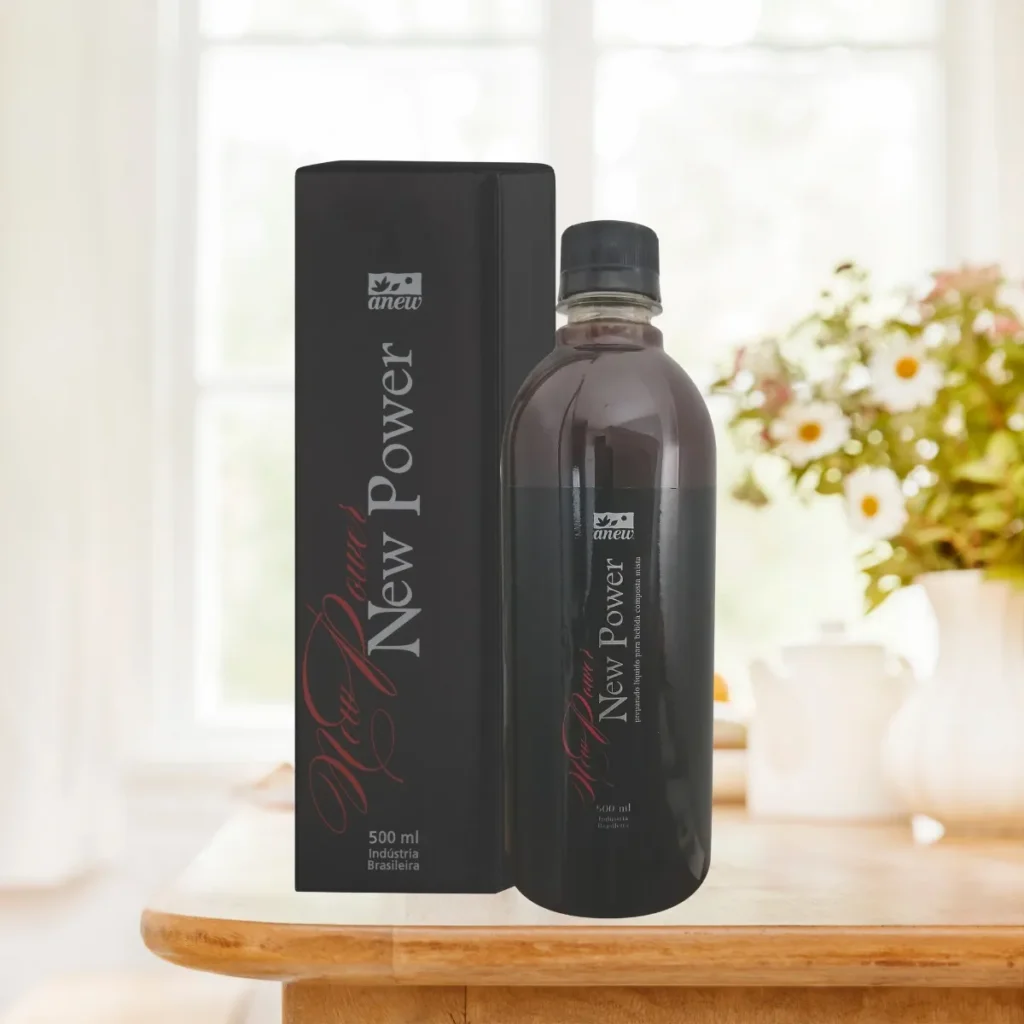 Suplemento líquido New Power Anew com Panax ginseng, guaraná e ervas aromáticas para vigor físico e mental.