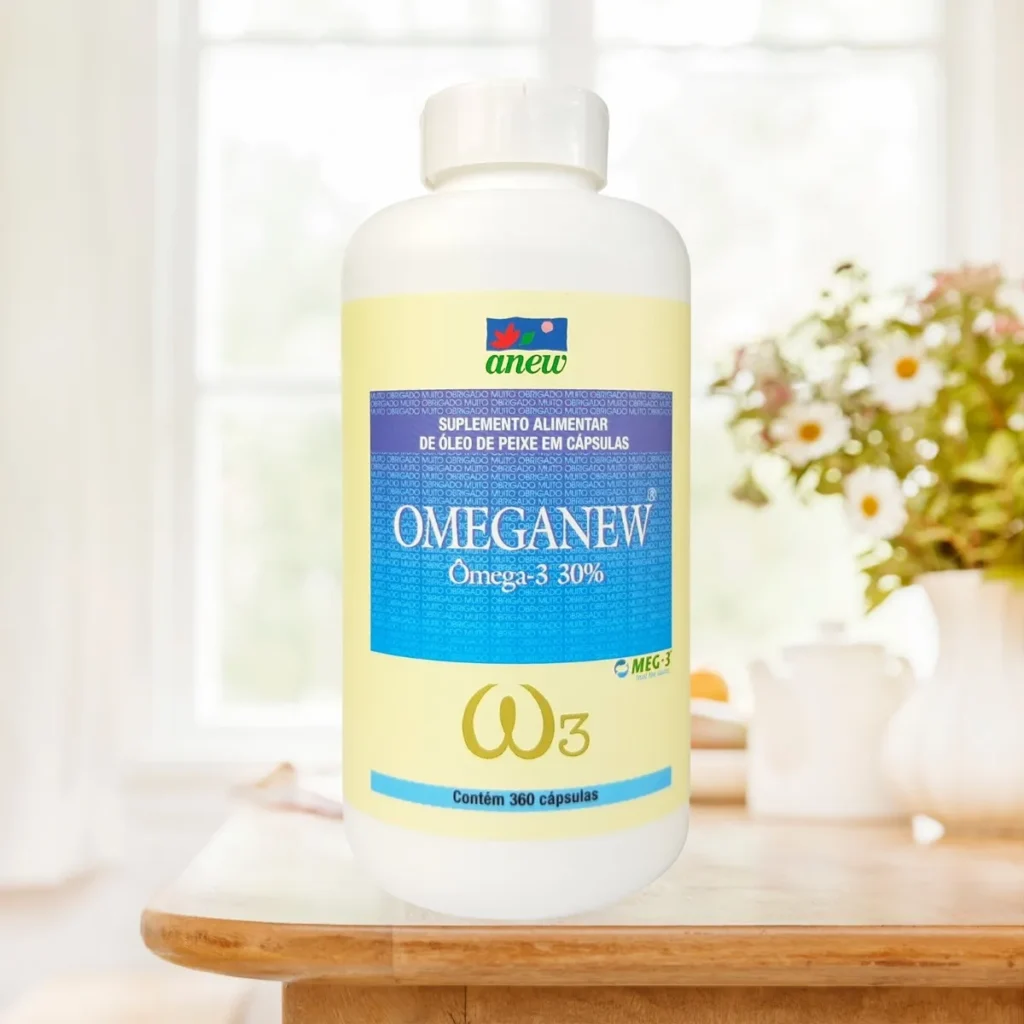 Suplemento Omeganew Anew com Ômega-3 rico em EPA e DHA para saúde do coração e circulação.