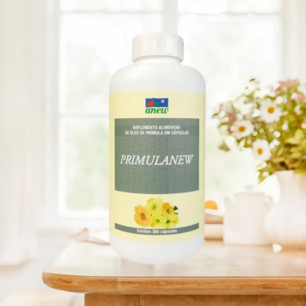 Suplemento Primulanew Anew com óleo de prímula rico em GLA para equilíbrio hormonal e saúde da pele.