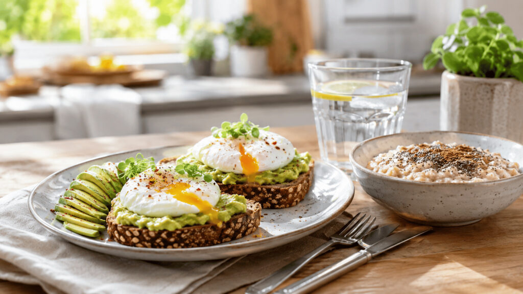 Café da manhã saudável com abacate, ovos, aveia e sementes de chia para ajudar a baixar a glicemia e controlar o açúcar no sangue.