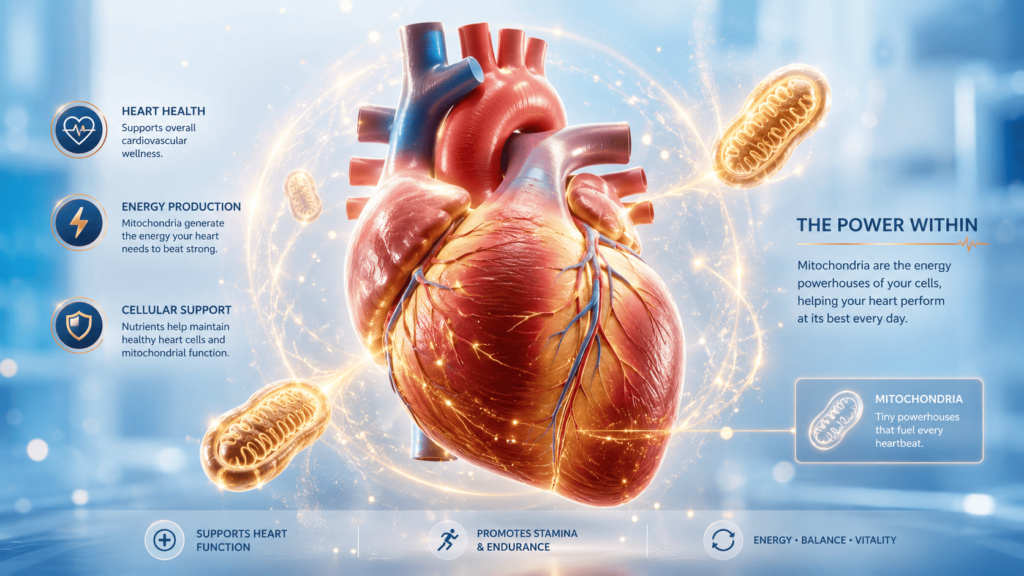 Ilustração 3D do coração humano com partículas de energia destacando a ação da Coenzima Q10 na saúde cardiovascular.
