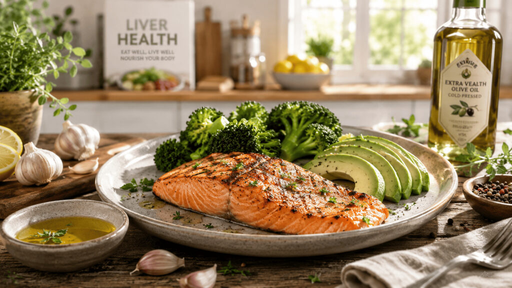 Prato com alimentos saudáveis como salmão, brócolis e azeite de oliva para ajudar a baixar a gordura no fígado naturalmente.