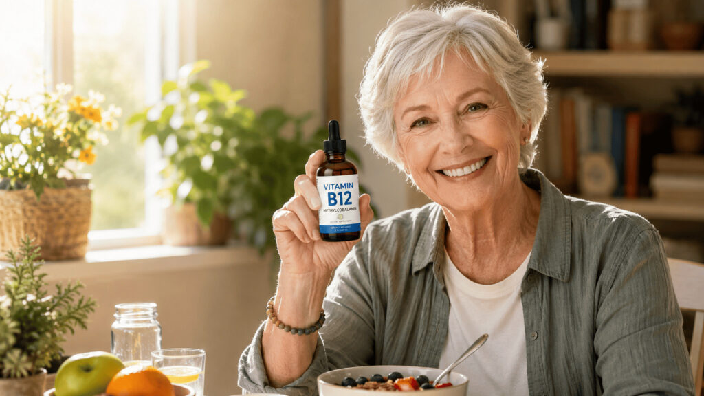 Pessoa idosa saudável segurando frasco de Vitamina B12 para prevenir cansaço físico e lapsos de memória.