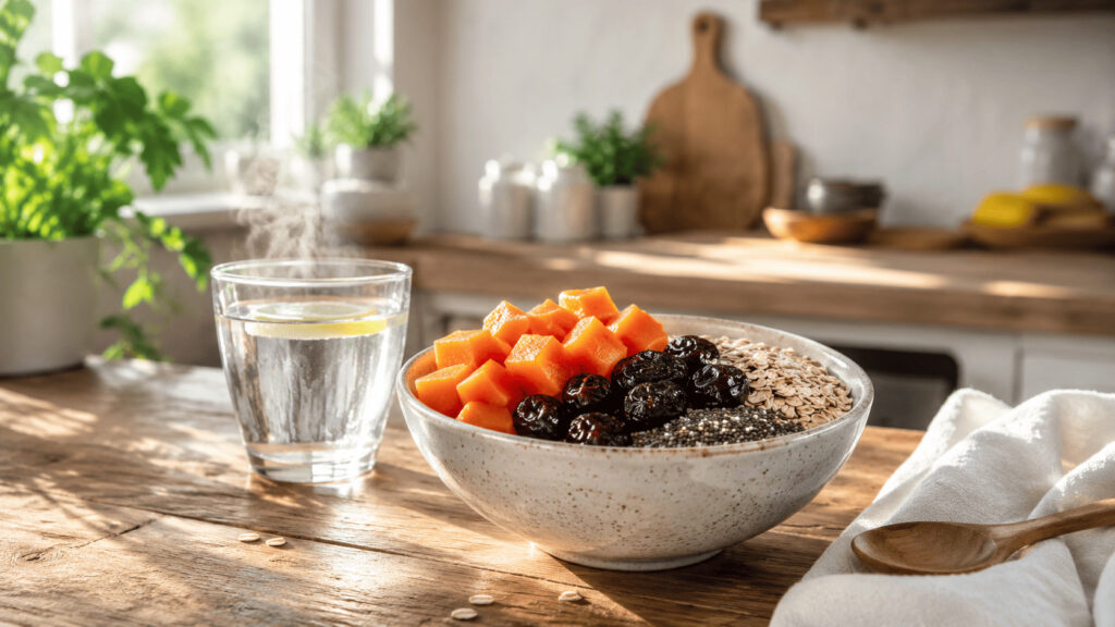 Café da manhã saudável com mamão, ameixas, aveia, sementes de chia e copo de água para fazer o intestino funcionar rapidamente.