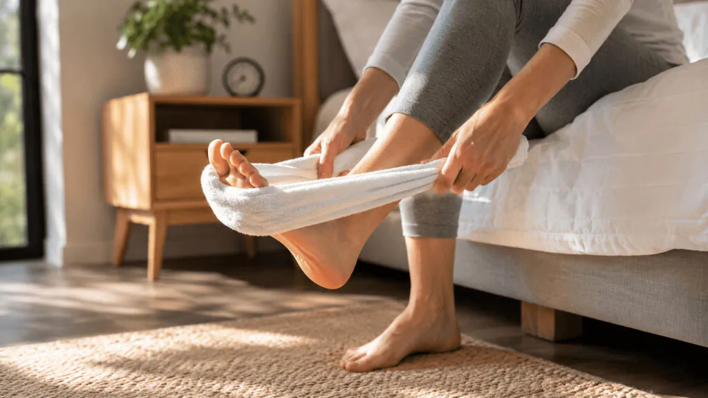 Pessoa sentada na cama fazendo alongamento no pé com toalha para aliviar dor no calcanhar e fascite plantar ao acordar.
