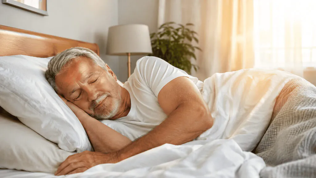 Pessoa idosa dormindo tranquilamente na cama sem sentir cãibras noturnas ou insônia devido aos níveis adequados de magnésio.